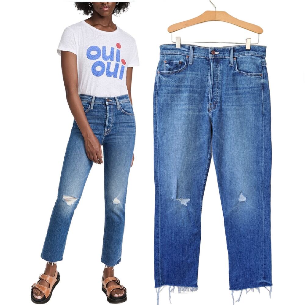MOTHER Denim The Tomcat Ankle Fray Jeans Sz 32 Globe Trotter Straight High Waist